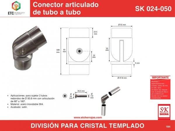 Conector Ajustable Para Barandillas De Acero Inoxidable (Tubo 12x1.5mm, 0-90°)